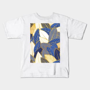 Leaf wall // pattern // navy royal and pale blue leaves golden lines Kids T-Shirt